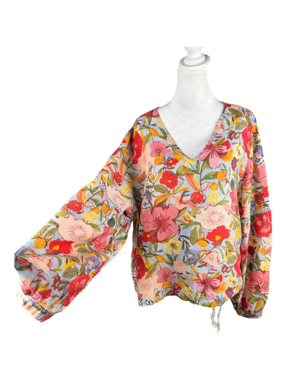Garnet Hill 18 Chloe Hemstitched 100% Linen Floral Blouse V-Neck Balloon Sleeves